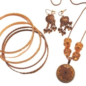 Gold lot 4 vintage Bangles and pale yellow hear pave earrings , handmade necklac